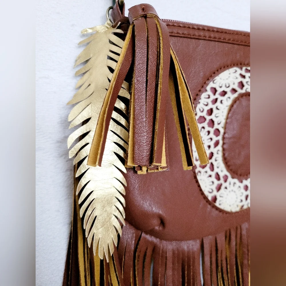 Justice Boho Fringe Faux Leather Crossbody Bag Letter 
